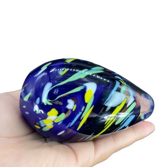 Multicolor Egg Shaped Art Glass Paperweight Figurine Cobalt Blue Dots 4"T 2.25"W - Picture 2 of 12